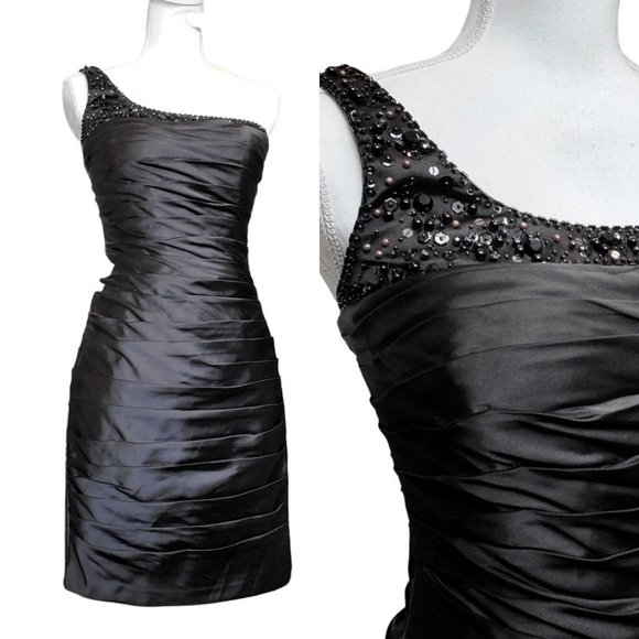 Adrianna Papell Dresses & Skirts - Y2K Black Satin One Shoulder Cocktail Dress Ruched Beaded LBD Sz 4‎ Knee Length